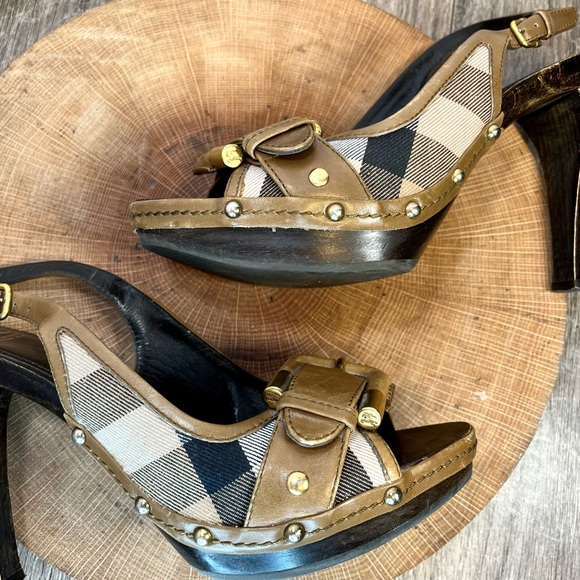 *Burberry | Nova Check Wooden Clog Slingback Peep Toe Heels Size 39/9 - Picture 5 of 16